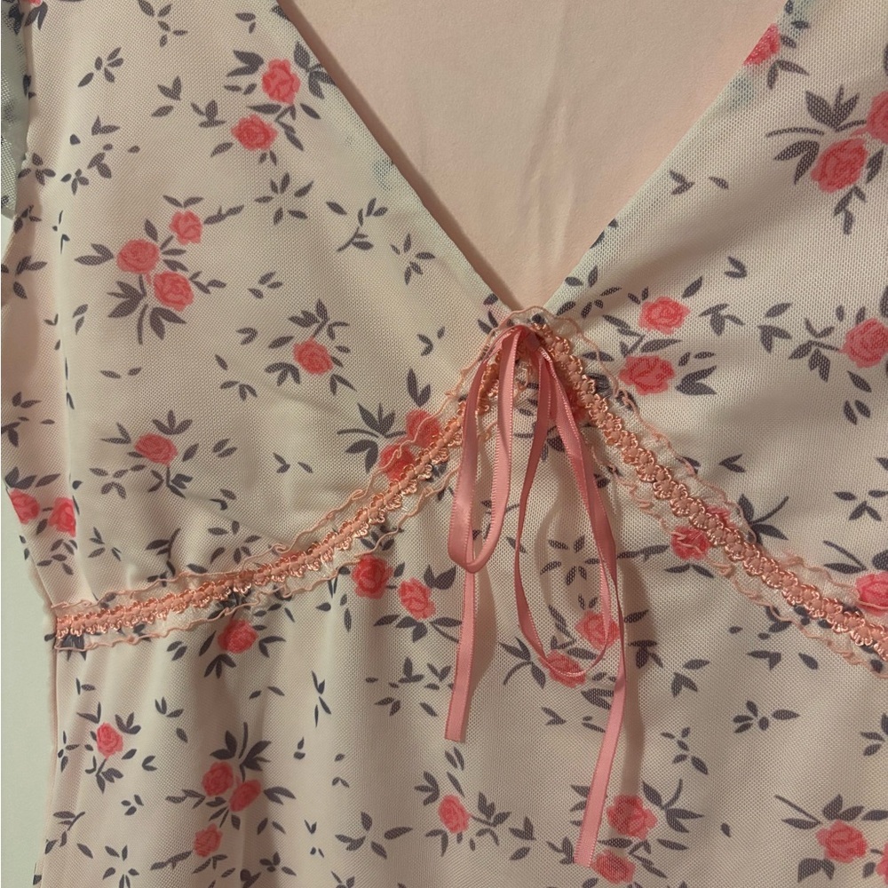Cottagecore Feminine Festival Rave Light Pink Floral Tie-Front Blouse - Picture 2 of 5